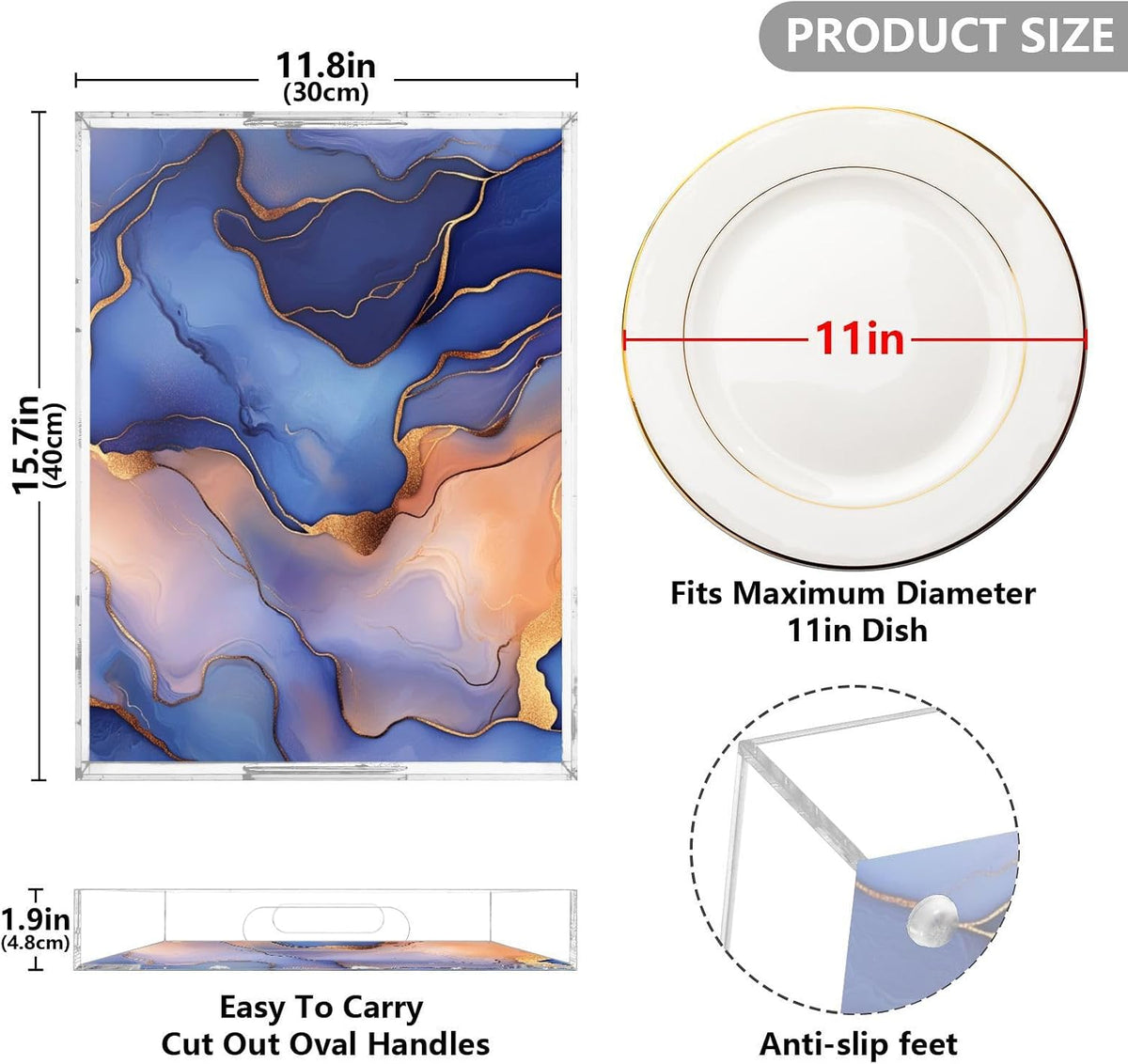 Acrylic Tray Marble Royal Blue Peach Clear Acrylic Tray with Handles 16 x 12 Clear Acrylic Serving Tray Spill-Proof