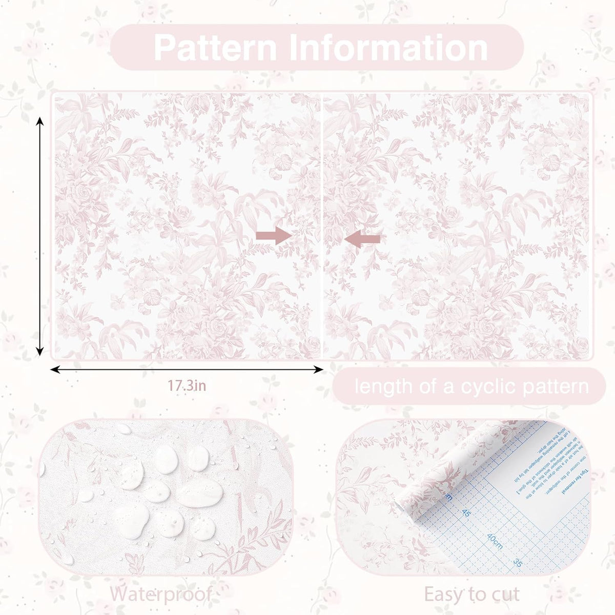 Heroad Pink Peel and Stick Wallpaper Toile Floral Contact Paper Boho Leaf Removable Wall Paper Self Adhesive Stick On Wallpaper for Girls Bedroom Bathroom Renter Friendly Vinyl Roll 17.3''X78.7''