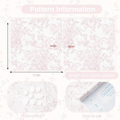Heroad Pink Peel and Stick Wallpaper Toile Floral Contact Paper Boho Leaf Removable Wall Paper Self Adhesive Stick On Wallpaper for Girls Bedroom Bathroom Renter Friendly Vinyl Roll 17.3''X78.7''