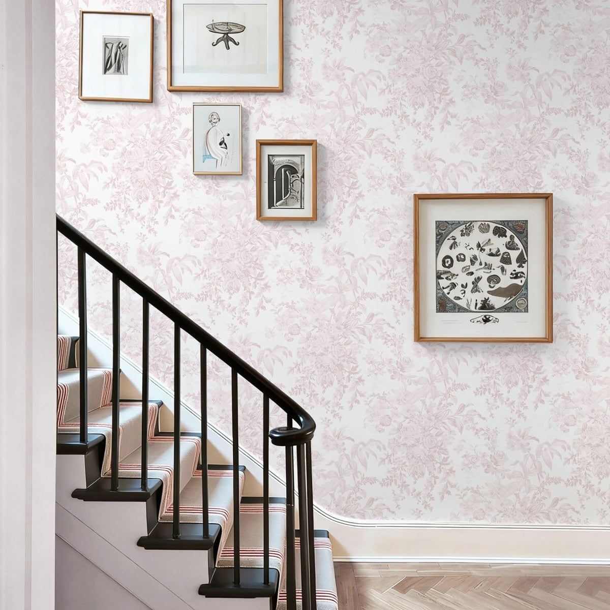 Heroad Pink Peel and Stick Wallpaper Toile Floral Contact Paper Boho Leaf Removable Wall Paper Self Adhesive Stick On Wallpaper for Girls Bedroom Bathroom Renter Friendly Vinyl Roll 17.3''X78.7''