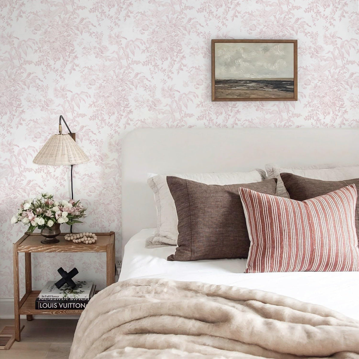 Heroad Pink Peel and Stick Wallpaper Toile Floral Contact Paper Boho Leaf Removable Wall Paper Self Adhesive Stick On Wallpaper for Girls Bedroom Bathroom Renter Friendly Vinyl Roll 17.3''X78.7''
