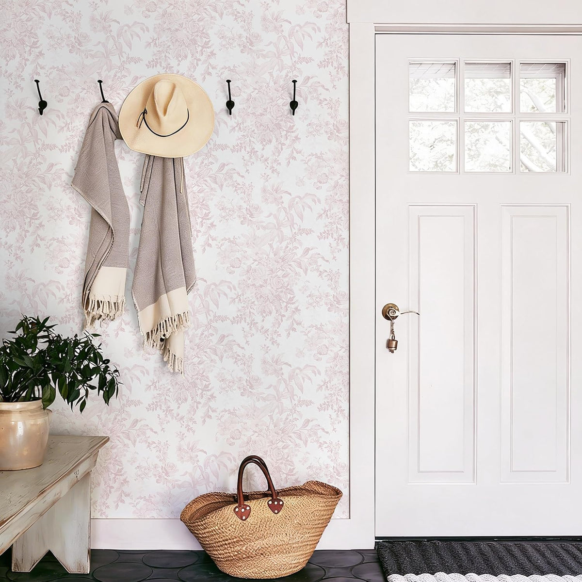 Heroad Pink Peel and Stick Wallpaper Toile Floral Contact Paper Boho Leaf Removable Wall Paper Self Adhesive Stick On Wallpaper for Girls Bedroom Bathroom Renter Friendly Vinyl Roll 17.3''X78.7''