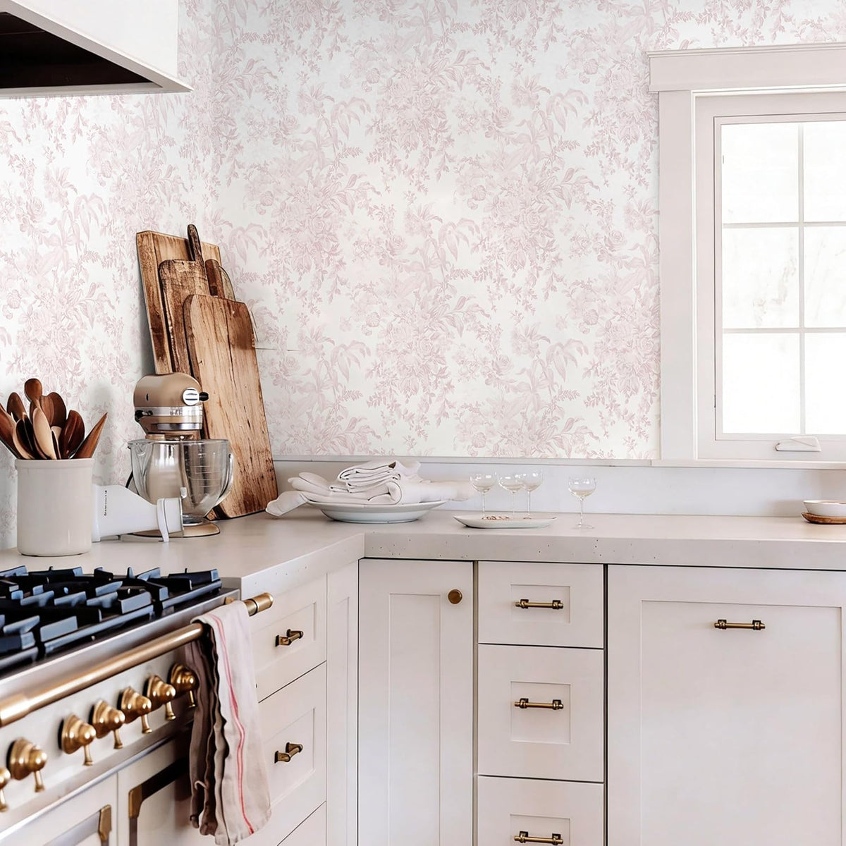 Heroad Pink Peel and Stick Wallpaper Toile Floral Contact Paper Boho Leaf Removable Wall Paper Self Adhesive Stick On Wallpaper for Girls Bedroom Bathroom Renter Friendly Vinyl Roll 17.3''X78.7''
