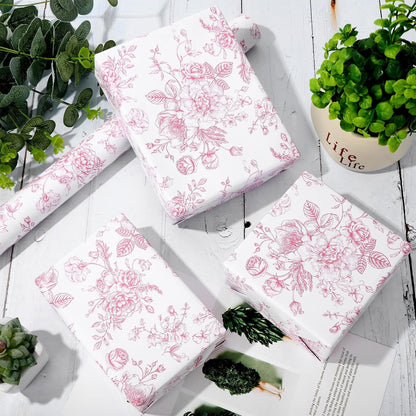 Floral Wrapping Paper Mini Roll 17 In x 32.8 Ft Pink White Flowers Gift Wrap Paper for Birthday Wedding Baby Shower Party Wrapping Supplies