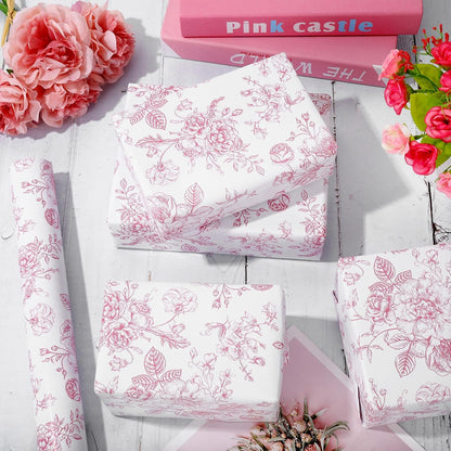 Floral Wrapping Paper Mini Roll 17 In x 32.8 Ft Pink White Flowers Gift Wrap Paper for Birthday Wedding Baby Shower Party Wrapping Supplies