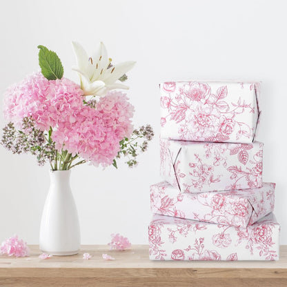 Floral Wrapping Paper Mini Roll 17 In x 32.8 Ft Pink White Flowers Gift Wrap Paper for Birthday Wedding Baby Shower Party Wrapping Supplies