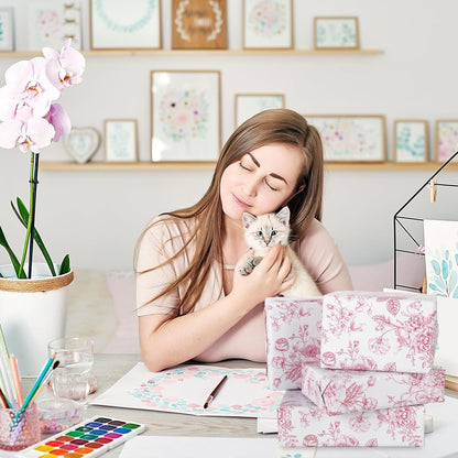Floral Wrapping Paper Mini Roll 17 In x 32.8 Ft Pink White Flowers Gift Wrap Paper for Birthday Wedding Baby Shower Party Wrapping Supplies
