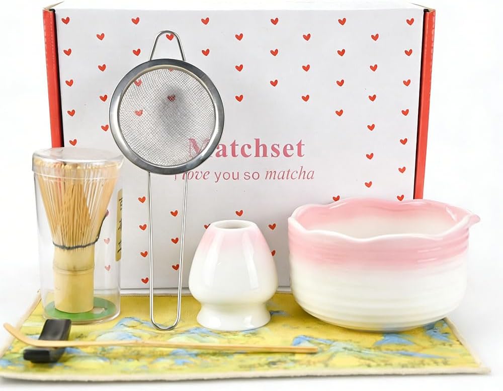 Matcha Set, Ceramic Bowl, Japanese Traditional Style, Matcha Tea Ceremony, with Stainless Steel Sifter and Bamboo Scoop (pink)