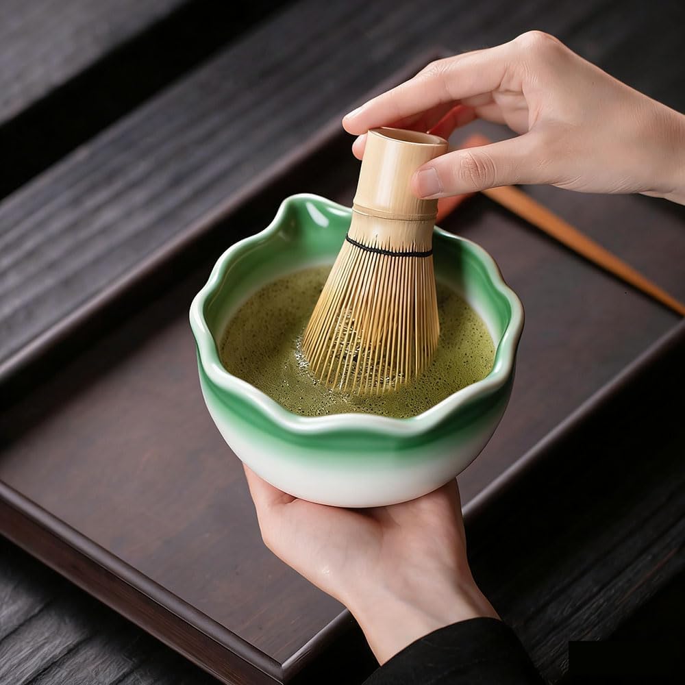 Matcha Set, Ceramic Bowl, Japanese Traditional Style, Matcha Tea Ceremony, with Stainless Steel Sifter and Bamboo Scoop (pink)