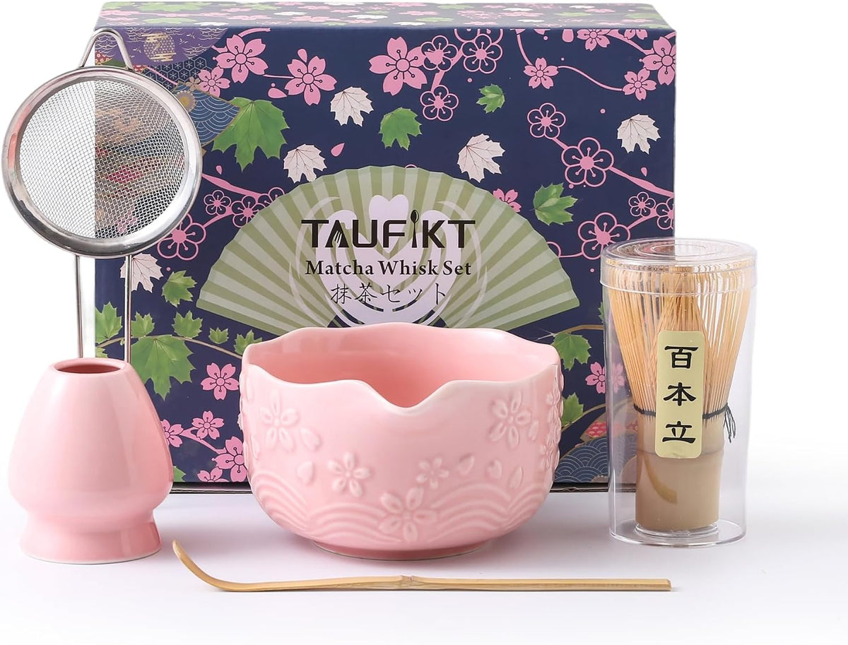 Matcha Whisk Set, 5 Pcs Ceramic Matcha Set, Matcha Kit Set Includes Matcha Bowl, Matcha Whisk and Holder, Bamboo Scoop and Sifter, Matcha Tea Set, Ideal Gift for Family/Friend (Pink)