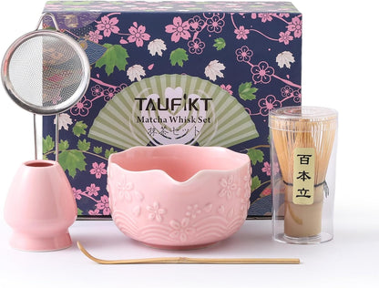 Matcha Whisk Set, 5 Pcs Ceramic Matcha Set, Matcha Kit Set Includes Matcha Bowl, Matcha Whisk and Holder, Bamboo Scoop and Sifter, Matcha Tea Set, Ideal Gift for Family/Friend (Pink)