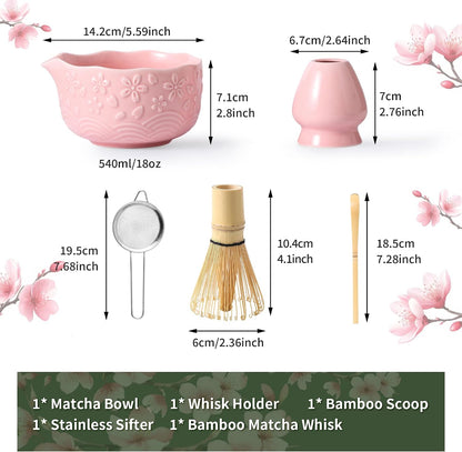 Matcha Whisk Set, 5 Pcs Ceramic Matcha Set, Matcha Kit Set Includes Matcha Bowl, Matcha Whisk and Holder, Bamboo Scoop and Sifter, Matcha Tea Set, Ideal Gift for Family/Friend (Pink)