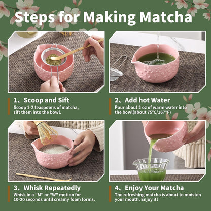 Matcha Whisk Set, 5 Pcs Ceramic Matcha Set, Matcha Kit Set Includes Matcha Bowl, Matcha Whisk and Holder, Bamboo Scoop and Sifter, Matcha Tea Set, Ideal Gift for Family/Friend (Pink)