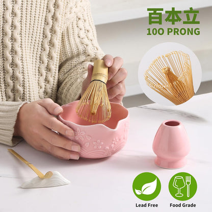 Matcha Whisk Set, 5 Pcs Ceramic Matcha Set, Matcha Kit Set Includes Matcha Bowl, Matcha Whisk and Holder, Bamboo Scoop and Sifter, Matcha Tea Set, Ideal Gift for Family/Friend (Pink)