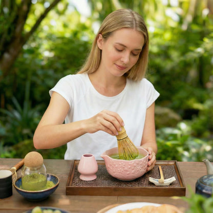 Matcha Whisk Set, 5 Pcs Ceramic Matcha Set, Matcha Kit Set Includes Matcha Bowl, Matcha Whisk and Holder, Bamboo Scoop and Sifter, Matcha Tea Set, Ideal Gift for Family/Friend (Pink)
