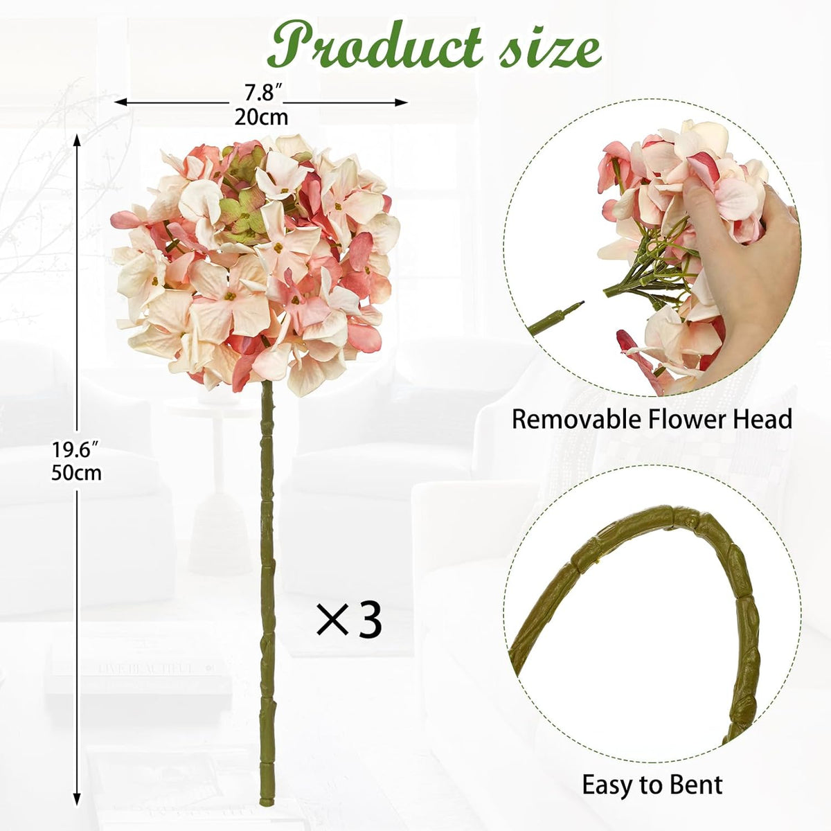 Peachy Pink Hydrangea Artificial Flowers, 19.6in Dried Textured Silk Hydrangea Flowers With Stems 3 Pcs Fake Flower Bouquet Faux Floral Stems Artificial Flower Bulk for Table Wedding Home Decor