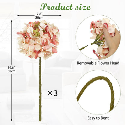 Peachy Pink Hydrangea Artificial Flowers, 19.6in Dried Textured Silk Hydrangea Flowers With Stems 3 Pcs Fake Flower Bouquet Faux Floral Stems Artificial Flower Bulk for Table Wedding Home Decor