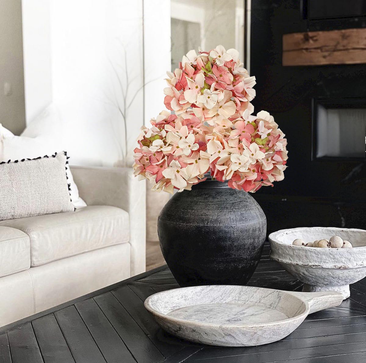 Peachy Pink Hydrangea Artificial Flowers, 19.6in Dried Textured Silk Hydrangea Flowers With Stems 3 Pcs Fake Flower Bouquet Faux Floral Stems Artificial Flower Bulk for Table Wedding Home Decor