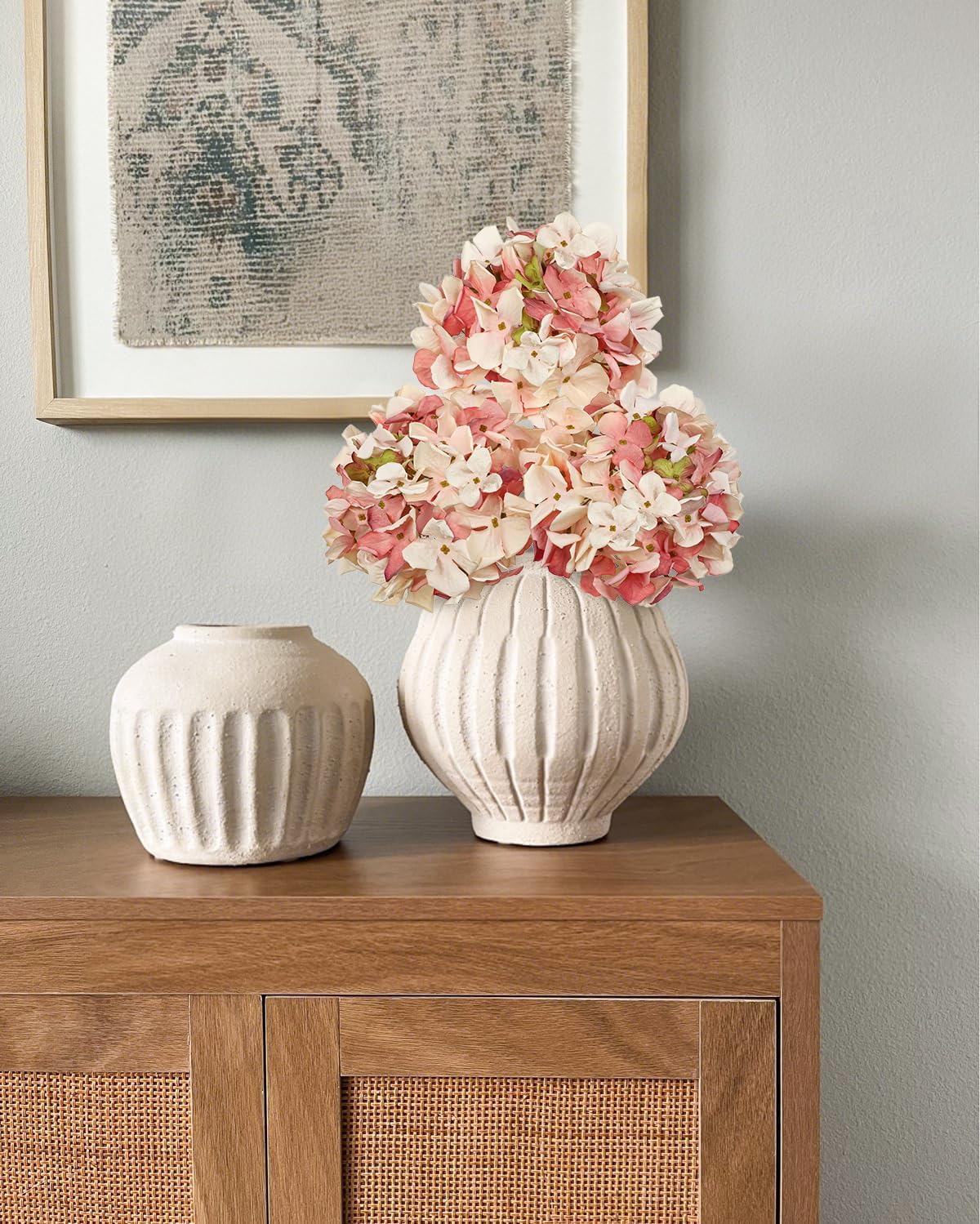 Peachy Pink Hydrangea Artificial Flowers, 19.6in Dried Textured Silk Hydrangea Flowers With Stems 3 Pcs Fake Flower Bouquet Faux Floral Stems Artificial Flower Bulk for Table Wedding Home Decor