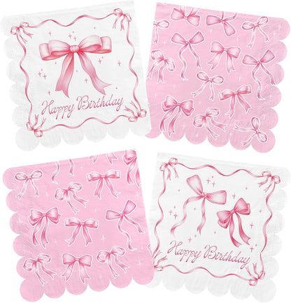 Pink Bow-Themed Party Supplies Set for Women: Includes Happy Birthday & Bachelorette Disposable Napkin(6.5x6.5 in, Disposable, 48-Pack) for Birthday & Tea Party Decorations