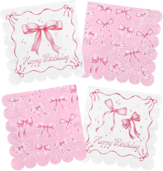 Pink Bow-Themed Party Supplies Set for Women: Includes Happy Birthday & Bachelorette Disposable Napkin(6.5x6.5 in, Disposable, 48-Pack) for Birthday & Tea Party Decorations