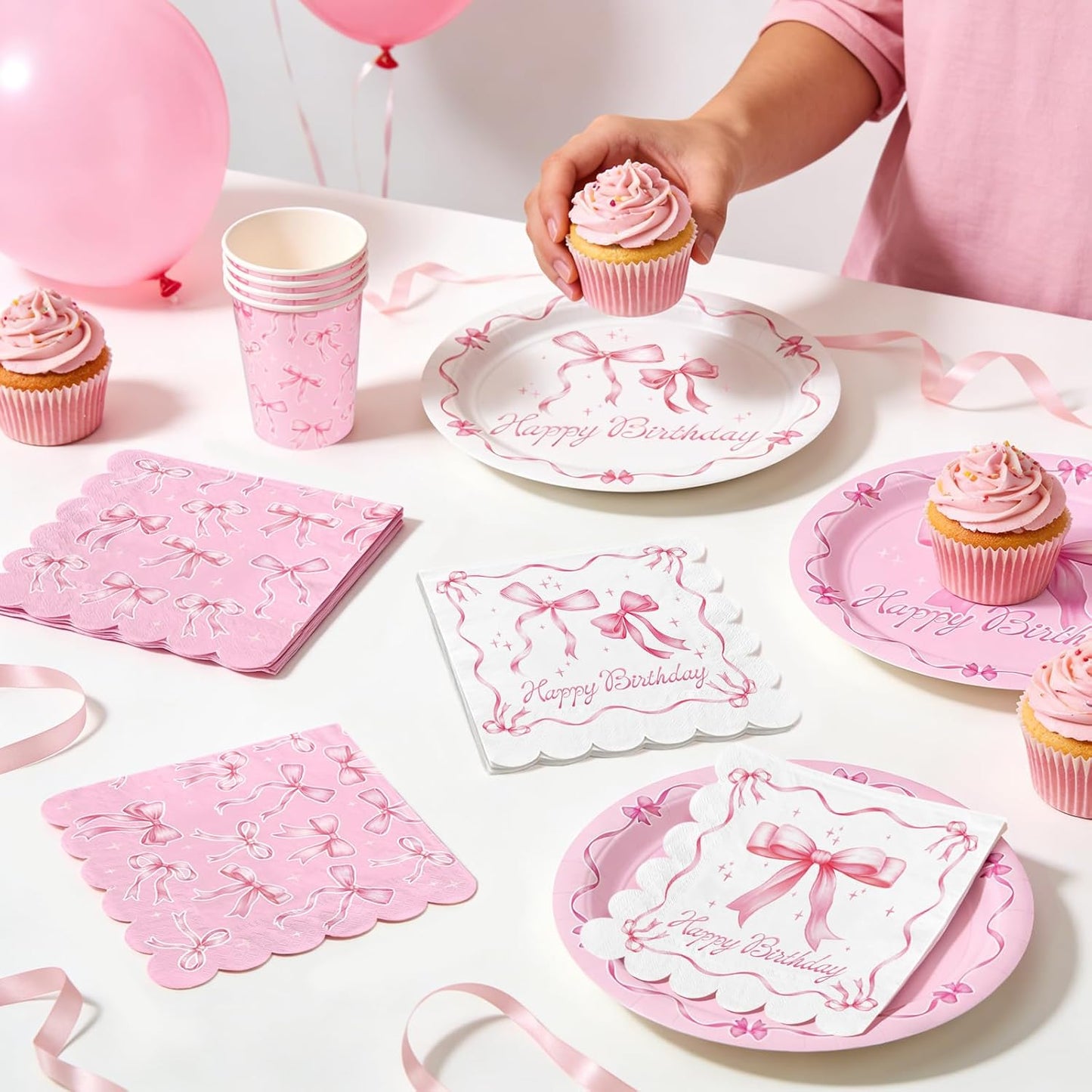 Pink Bow-Themed Party Supplies Set for Women: Includes Happy Birthday & Bachelorette Disposable Napkin(6.5x6.5 in, Disposable, 48-Pack) for Birthday & Tea Party Decorations