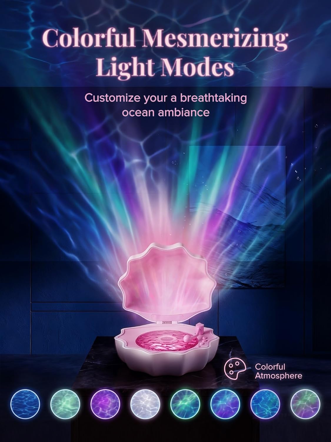 Ocean Wave Projector Light, Shell Night Light Built-in Bluetooth Speaker, Remote Control, White Noises for Home Decor/Relaxation/Party/Music/Gift (Pink)