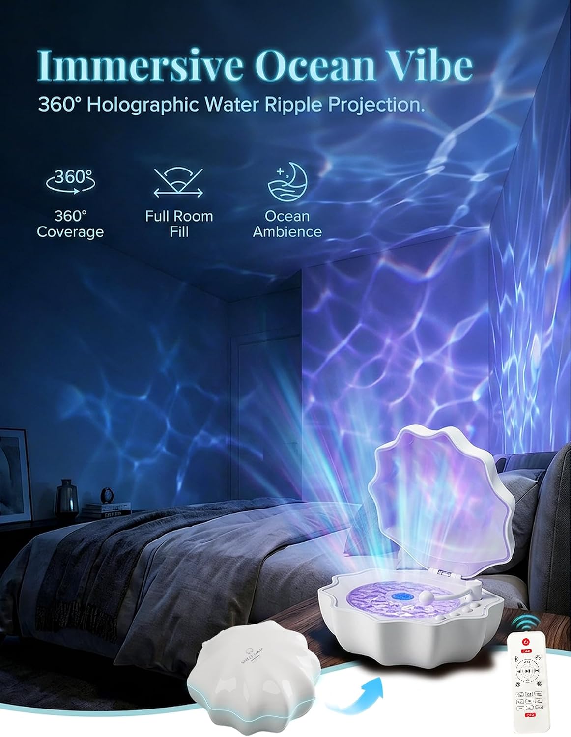 Ocean Wave Projector Light, Shell Night Light Built-in Bluetooth Speaker, Remote Control, White Noises for Home Decor/Relaxation/Party/Music/Gift (Pink)