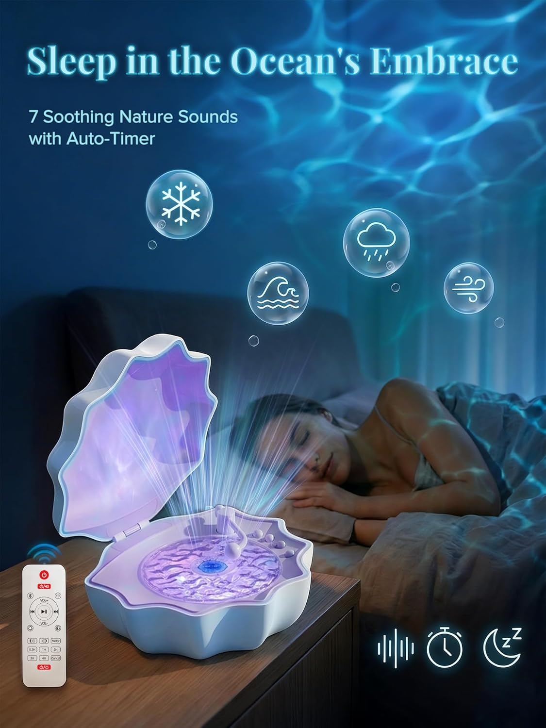 Ocean Wave Projector Light, Shell Night Light Built-in Bluetooth Speaker, Remote Control, White Noises for Home Decor/Relaxation/Party/Music/Gift (Pink)