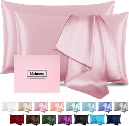 Silk Pillow Cases with Zipper,Mulberry Pillow Case,Pink,Standard,2 Pack