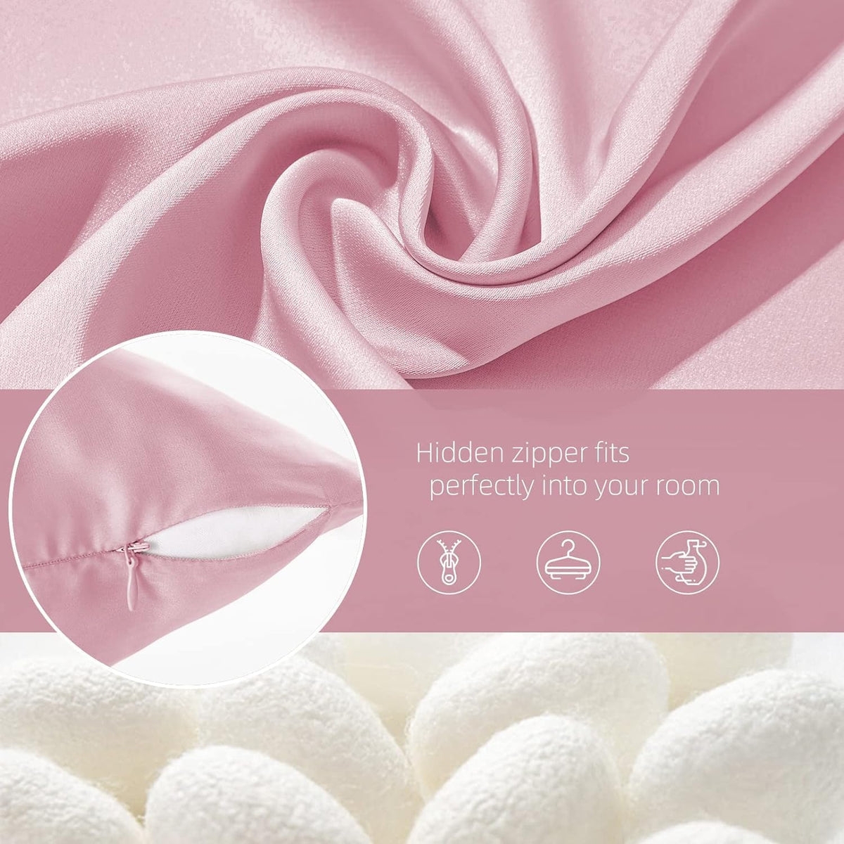 Silk Pillow Cases with Zipper,Mulberry Pillow Case,Pink,Standard,2 Pack