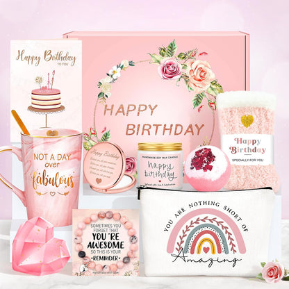 Birthday Gifts for Women Happy Birthday Gift Baskets for Women Unique Not A Day Over Fabulous Mug Gift ideas Pink Gifts Box Set Presents for Her Friends Mom Sister Wife Coworkers Daughter Aunt Mom