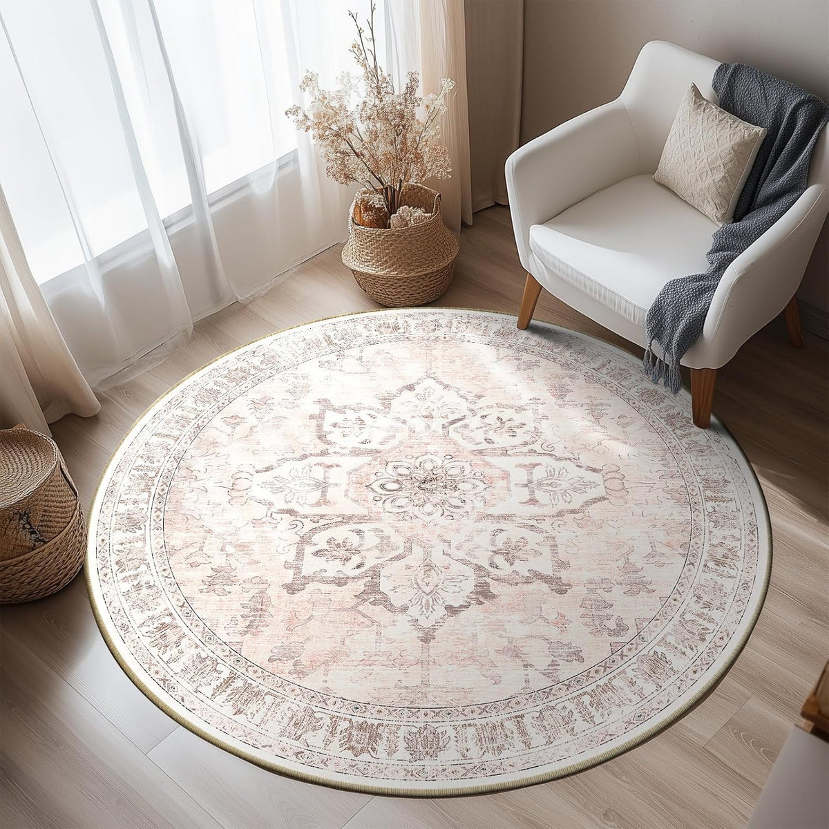 Washable Boho Round 4ft Area Rug, Living Room, Pink Beige Grey