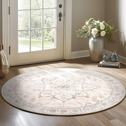 Washable Boho Round 4ft Area Rug, Living Room, Pink Beige Grey