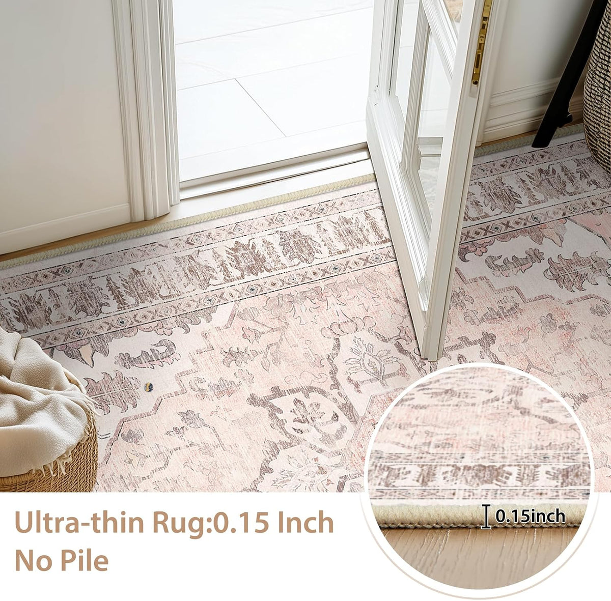 Washable Boho Round 4ft Area Rug, Living Room, Pink Beige Grey