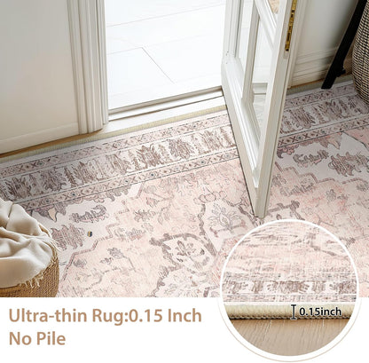 Washable Boho Round 4ft Area Rug, Living Room, Pink Beige Grey