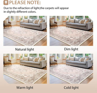 Washable Boho Round 4ft Area Rug, Living Room, Pink Beige Grey