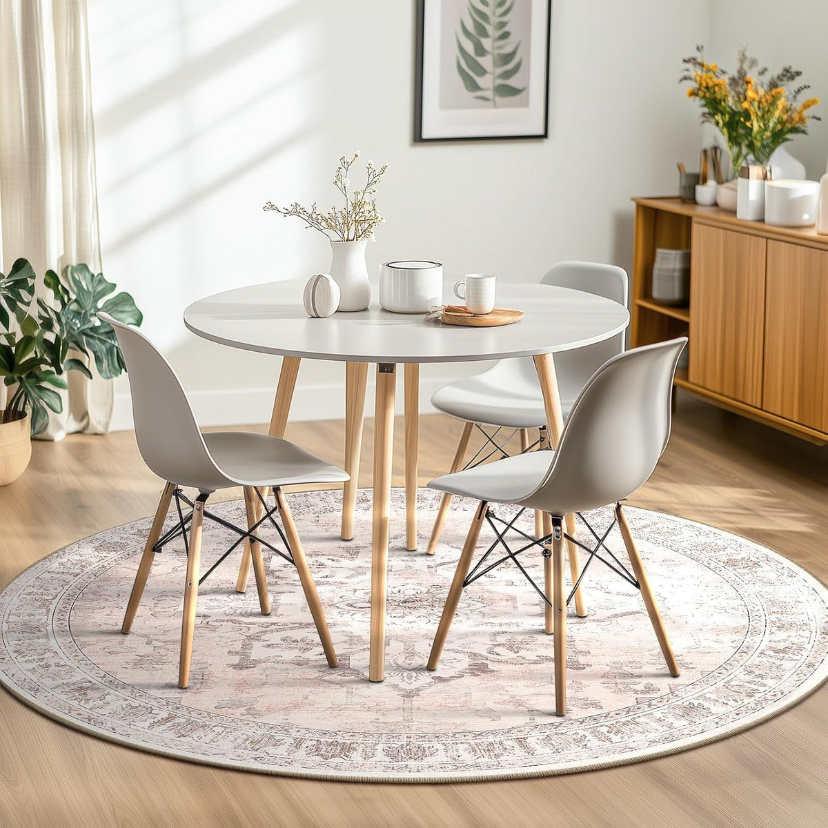 Washable Boho Round 4ft Area Rug, Living Room, Pink Beige Grey