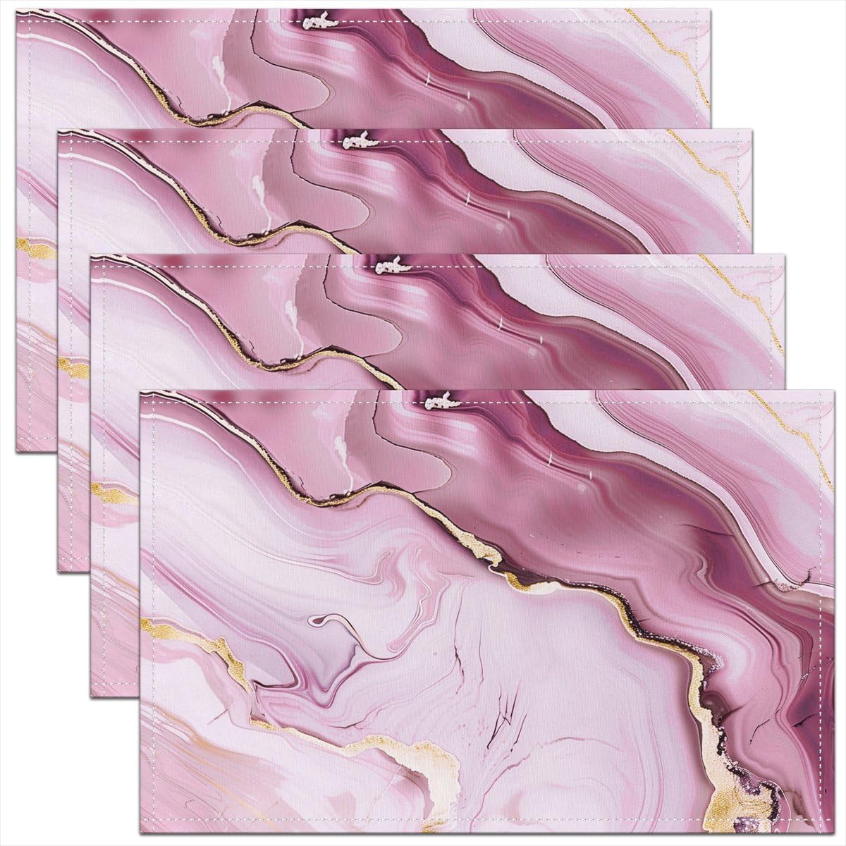 Pink Marble Placemats Set of 4 Pink Gold Glitter Abstract Marbling Pastel Table Mats Luxury Place Mat for Kitchen Dining Table Party Decor Indoor Outdoor 18"x12" Non-Slip Easy to Clean