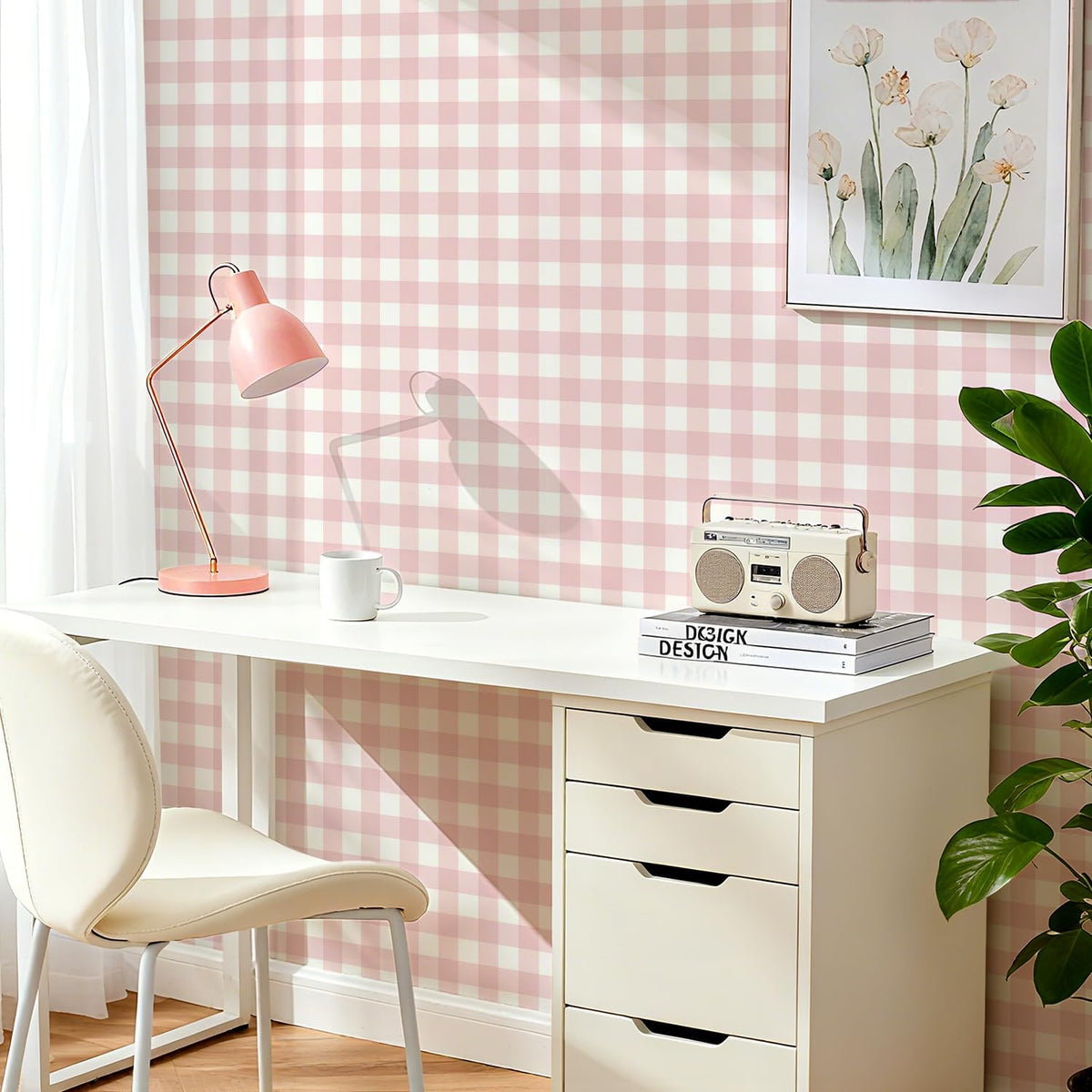 Plaid Peel and Stick Wallpaper, Pink, 17.7 x 78.7 in