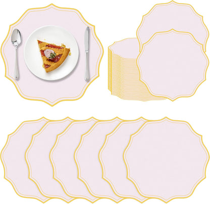120 Pcs Pink Round Paper Placemats 13.5 Inch Disposable Paper Placemats with Gold Printed Wavy Edged Scalloped Decorative Table Mat for Wedding Party Baby Shower Banquet Holiday Dining Table Decor