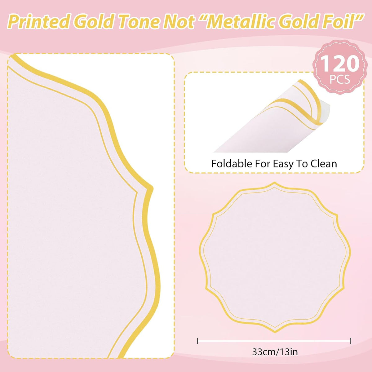 120 Pcs Pink Round Paper Placemats 13.5 Inch Disposable Paper Placemats with Gold Printed Wavy Edged Scalloped Decorative Table Mat for Wedding Party Baby Shower Banquet Holiday Dining Table Decor