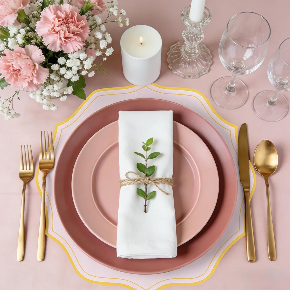 120 Pcs Pink Round Paper Placemats 13.5 Inch Disposable Paper Placemats with Gold Printed Wavy Edged Scalloped Decorative Table Mat for Wedding Party Baby Shower Banquet Holiday Dining Table Decor
