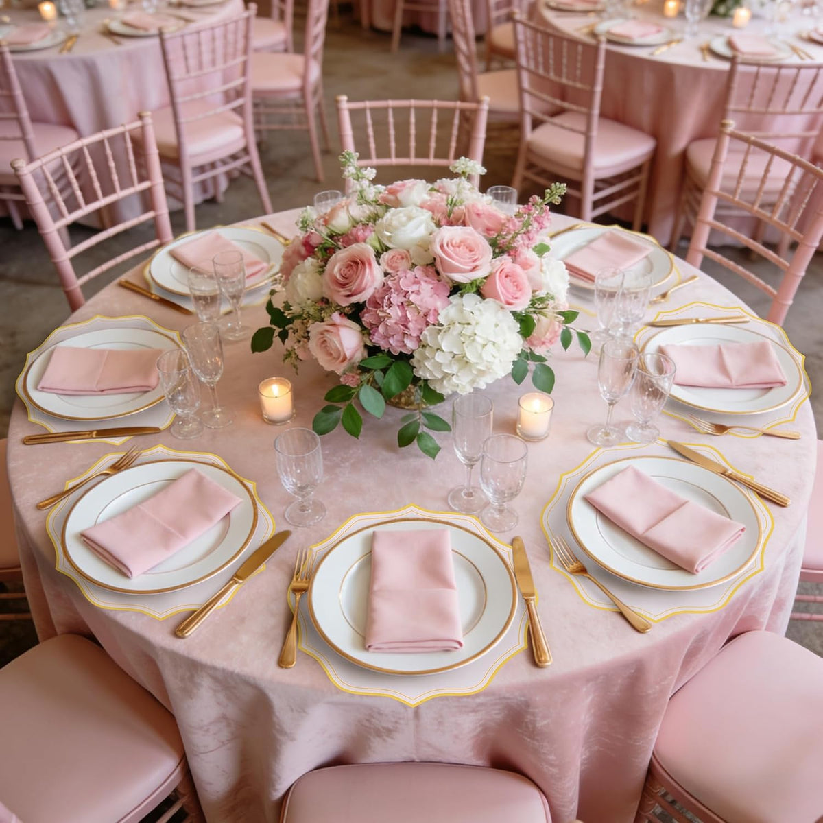 120 Pcs Pink Round Paper Placemats 13.5 Inch Disposable Paper Placemats with Gold Printed Wavy Edged Scalloped Decorative Table Mat for Wedding Party Baby Shower Banquet Holiday Dining Table Decor