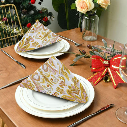 Retro Trendy Flower Paisley Gold Peach Spring Dinner Napkins Reusable eco Friendly White Polyester Dinner Fancy Kitchen Napkins Cloth Cream Cloth Napkins Set of 6 20 x 20in para servilletas