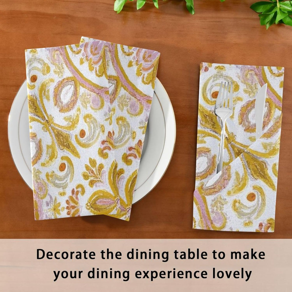 Retro Trendy Flower Paisley Gold Peach Spring Dinner Napkins Reusable eco Friendly White Polyester Dinner Fancy Kitchen Napkins Cloth Cream Cloth Napkins Set of 6 20 x 20in para servilletas