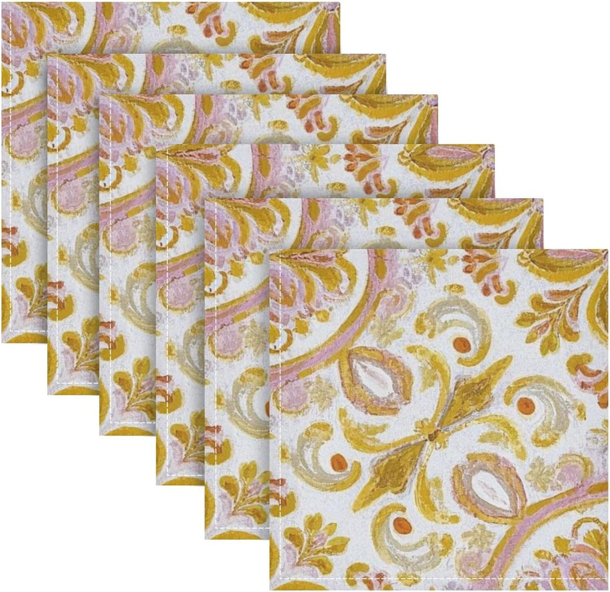 Retro Trendy Flower Paisley Gold Peach Spring Dinner Napkins Reusable eco Friendly White Polyester Dinner Fancy Kitchen Napkins Cloth Cream Cloth Napkins Set of 6 20 x 20in para servilletas