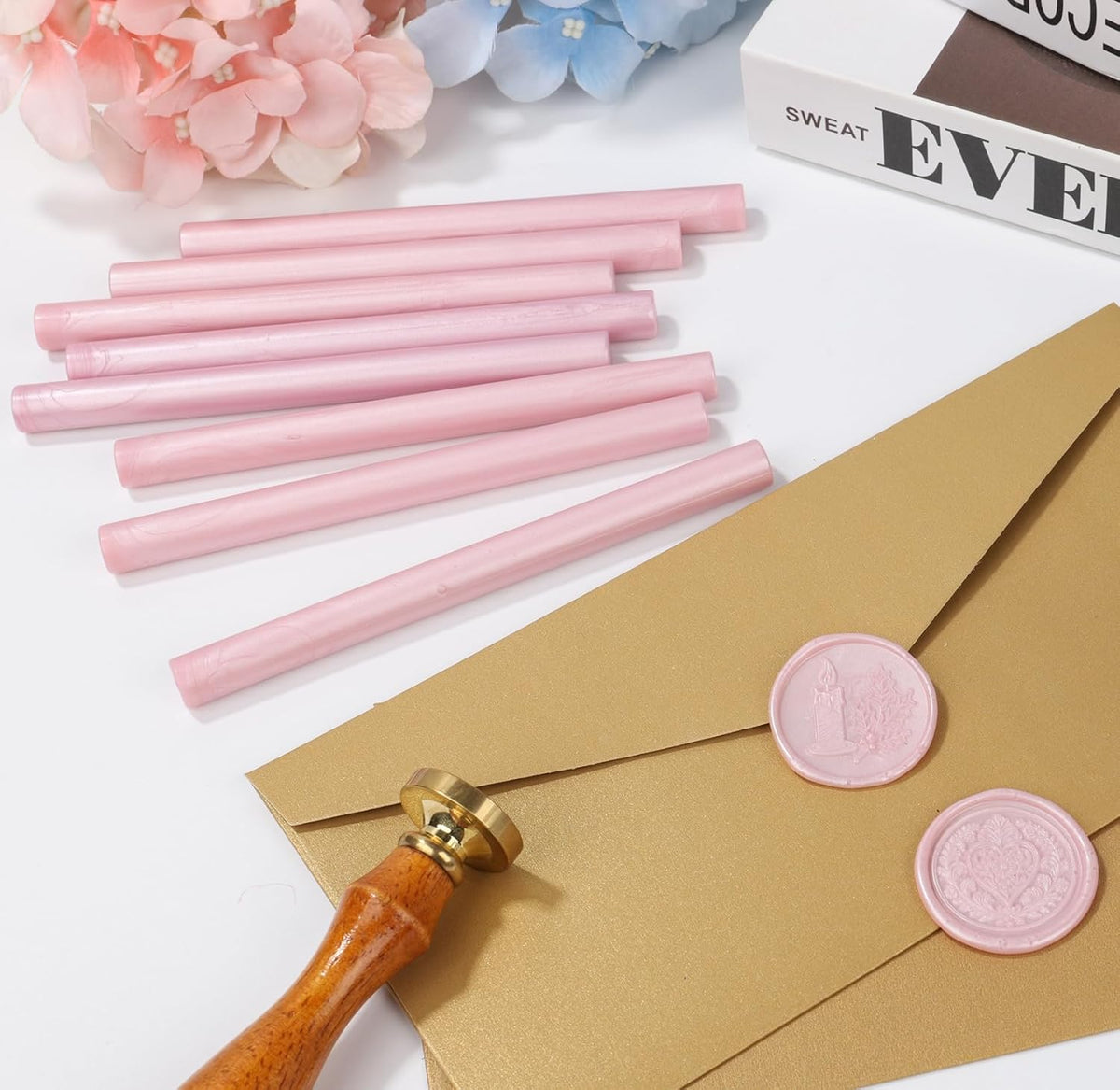 Pearl Pink Wax Seal Sticks for Seal Stamp, 12 Pcs Glue Gun Wax Sealing Sticks Set Suit to 0.43'' Glue Gun Great for Wedding Invitation, Cards, Envelopes, Christmas Ideas (Pearl Pink)