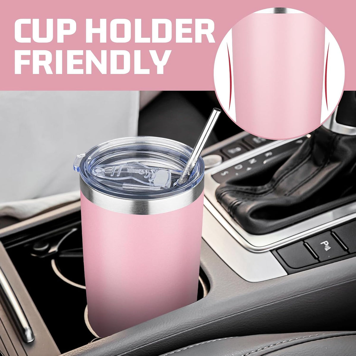 20 oz Tumbler with Lids and Straws, Stainless Steel Insulated Travel Coffee Mug, Double Wall Vacuum Insulated Tumblers, Powder Coated Coffee Tumbler for Cold & Hot Drinks (Pink)