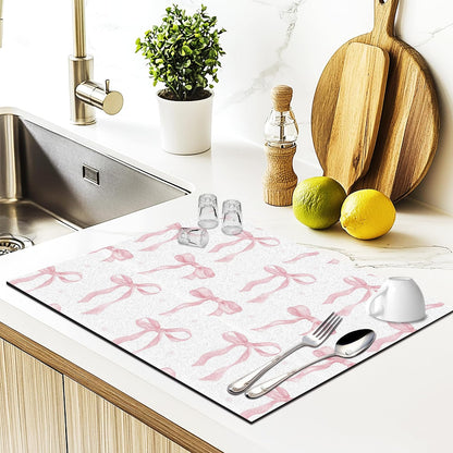 Coquette Pink Bow Dish Drying Mat, Aesthetic Preppy Ribbon Bow Absorbent Dish Drainer Reusable Washable Drying Mat Pad for Kitchen Counter, Pink Kitchen Decor, 12×15 Inch